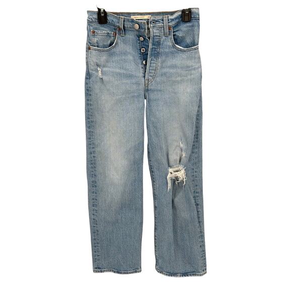 Levis Jeans Womens 27 Premium Ribcage Straight Button Fly Distressed Denim Big E - Picture 1 of 14